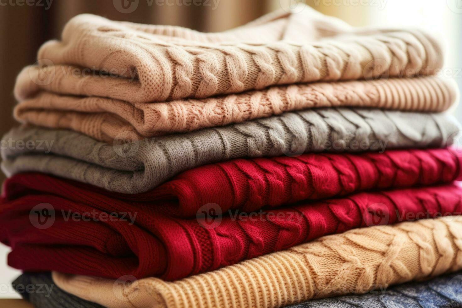 Stack of various colorful knitted warm sweaters. Generative AI photo