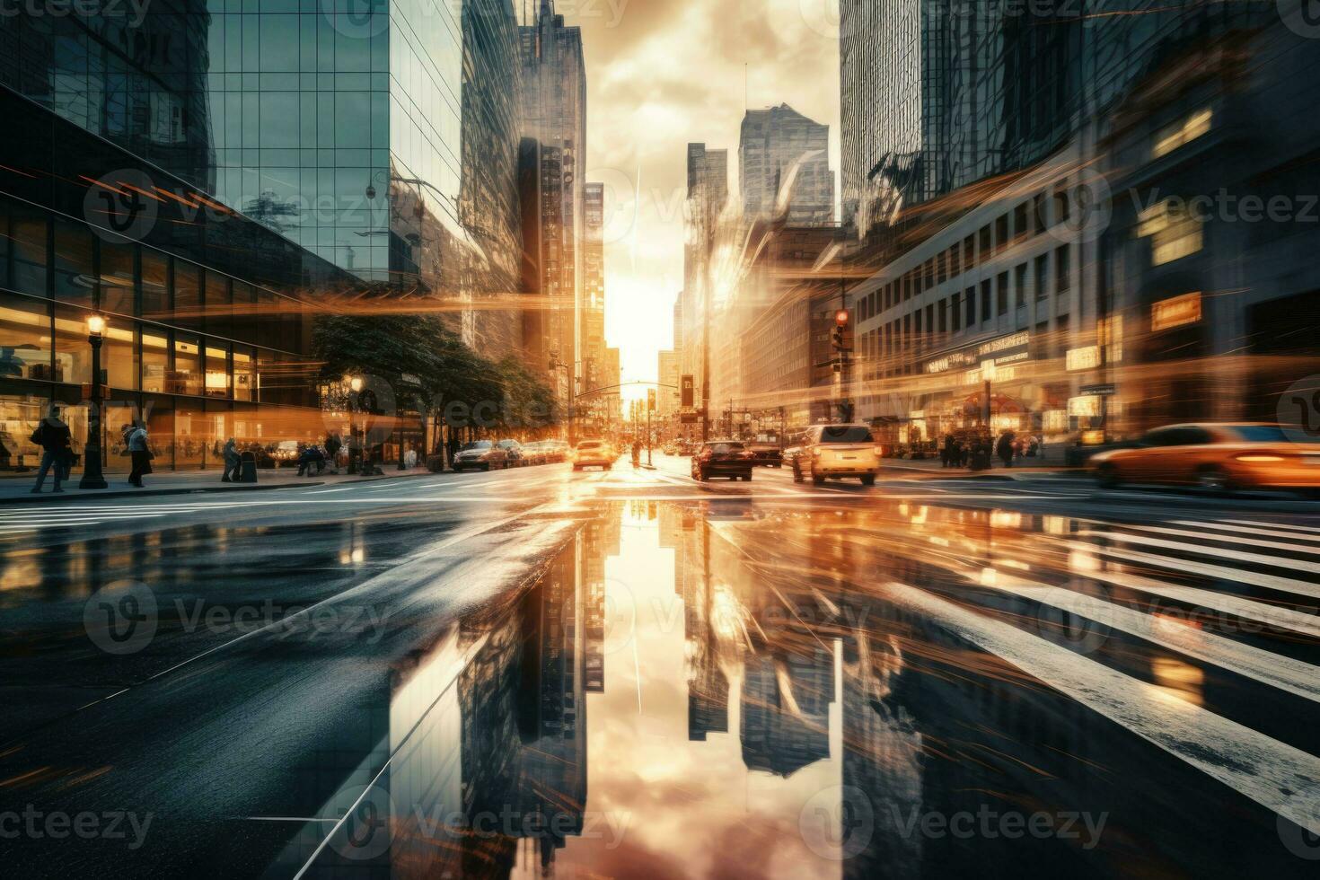 Cityscape office buildings with modern corporate architecture. Modern skyscrapers reflecting in water against sunset sky. Generative AI photo