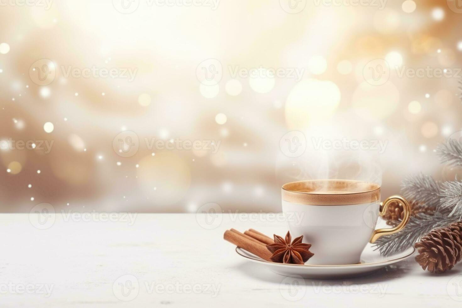 Christmas background with coffee cup, festive decorations, ice crystal snowflakes and fir branches. Generative AI photo