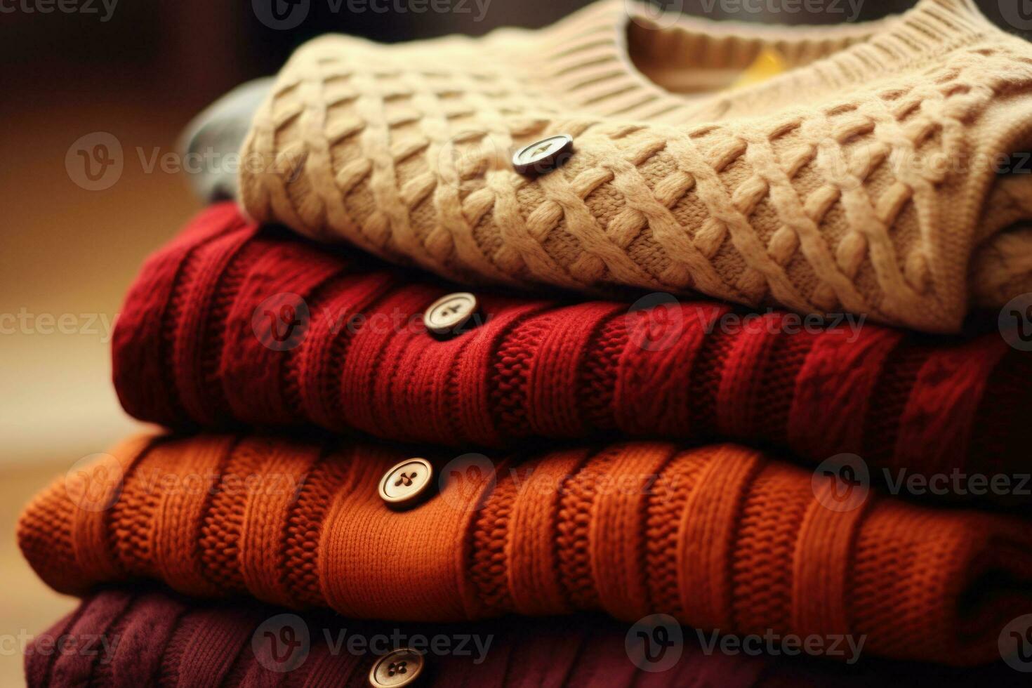 Stack of various colorful knitted warm sweaters. Generative AI photo