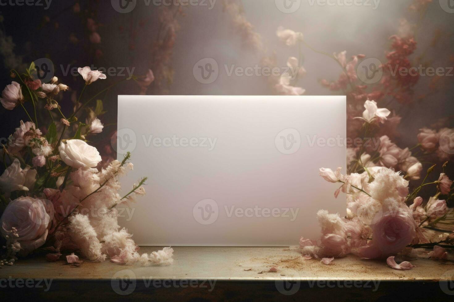 Blank white rectangle with festive flower decorations in soft pastel colors. Generative AI photo