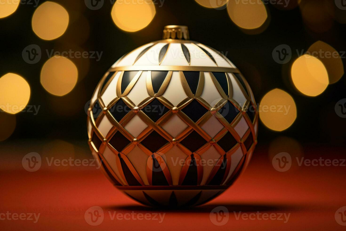 Art deco inspired christmas ball pattern on blurred lights background. Generative AI photo