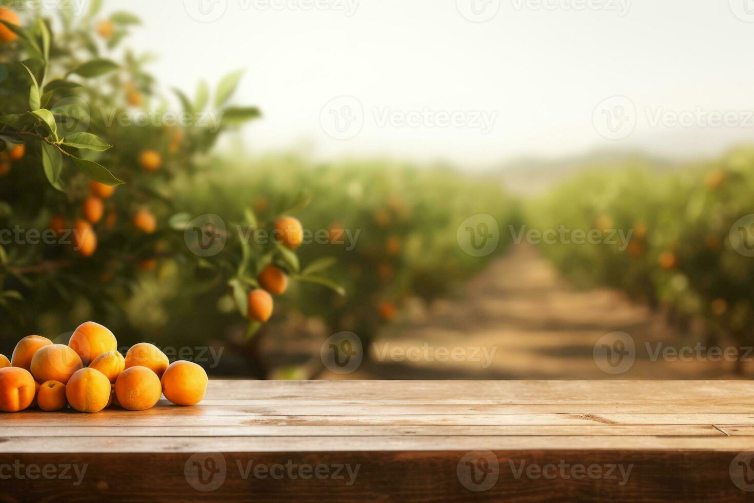 Fresh oranges. Empty wood table with free space over orange trees. Generative AI photo