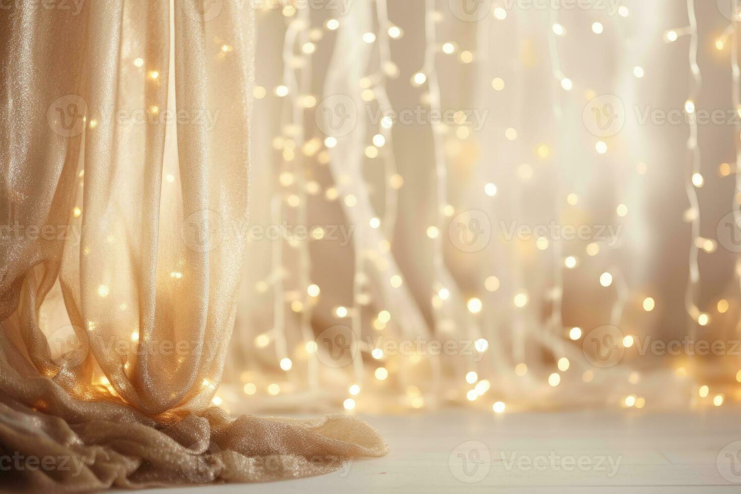 Gold string lights on a boho style Christmas background. Generative AI photo