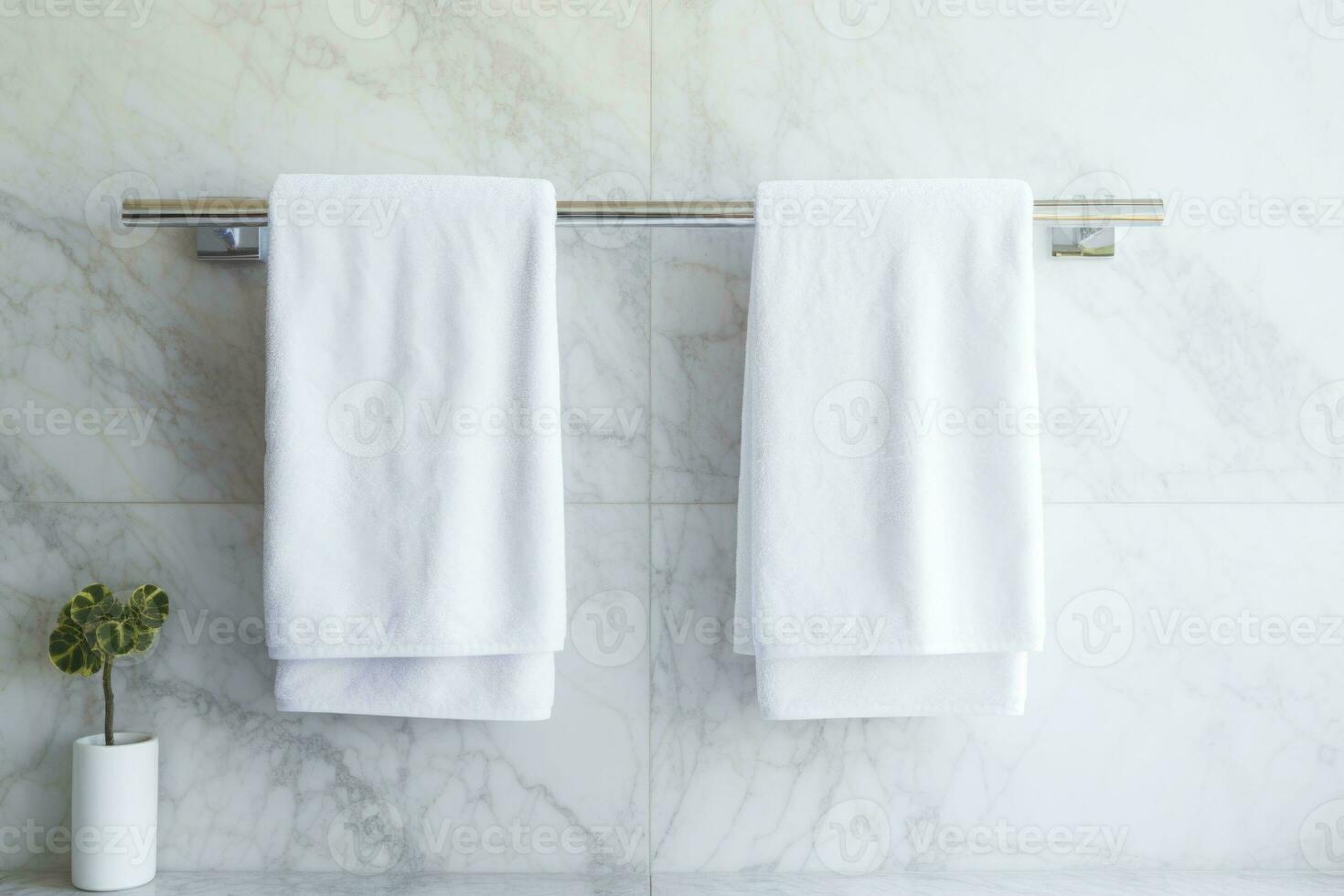 Marble bathroom wall and chrome hooks holding two white towels. Generative AI photo