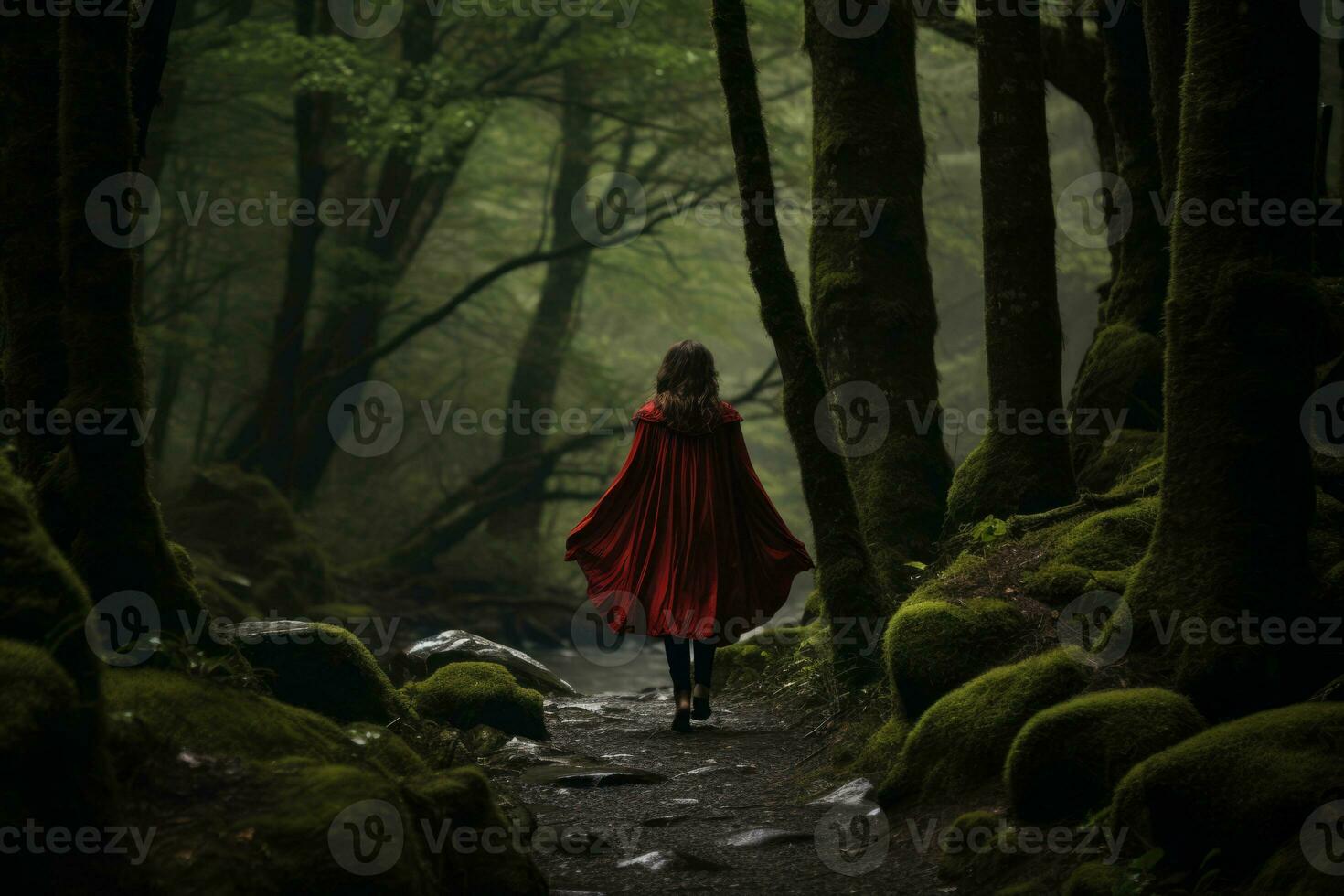 A woman in a red cloak walking through a dark forest. Generative AI photo