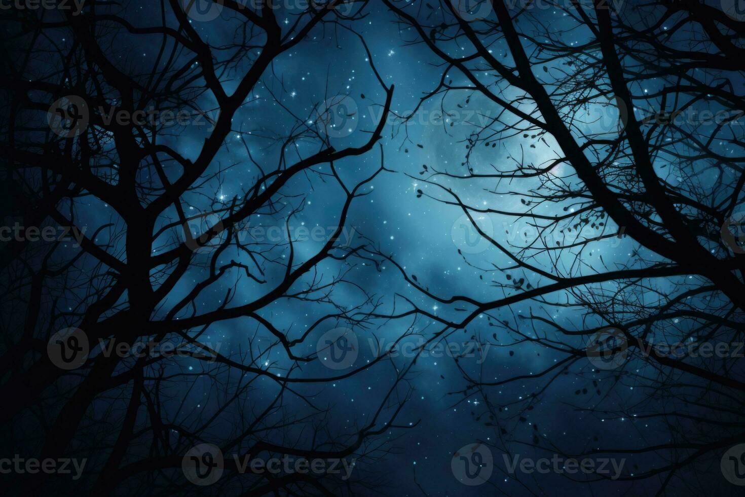 Night dark sky with full moon and branches. Tree branches in the moonlight on a dark background. Generative AI photo