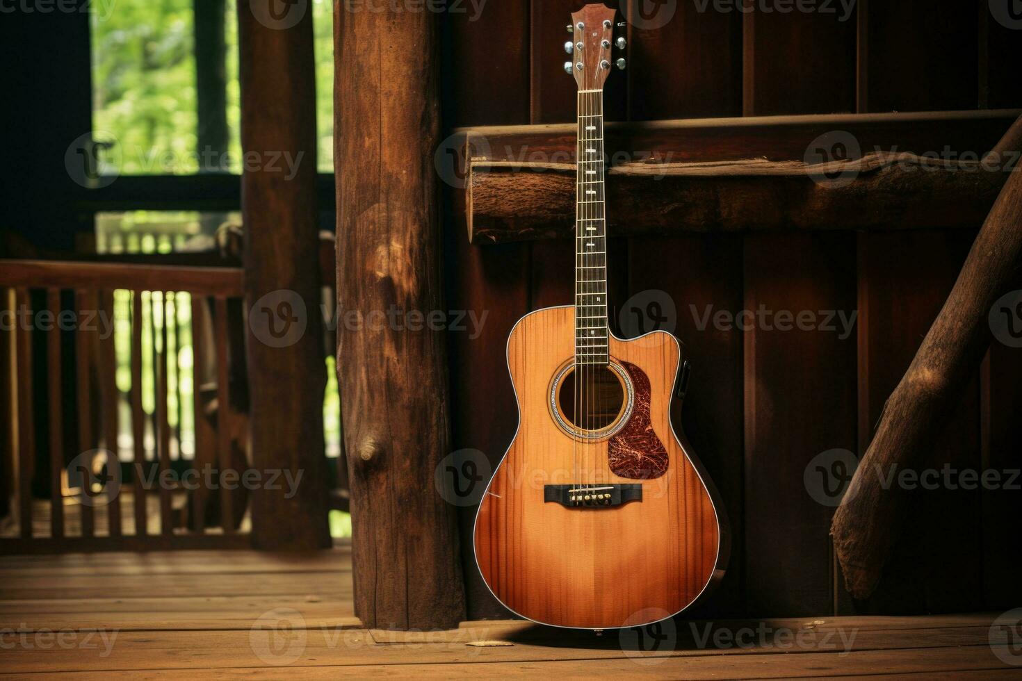 Acoustic guitar on old wooden background. Generative AI photo