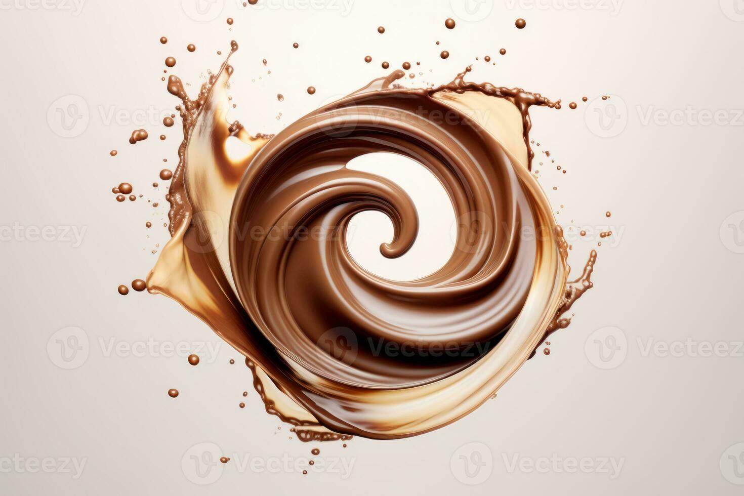 Chocolate milk swirl splash. Melted chocolate surface whirlwind. Generative AI photo