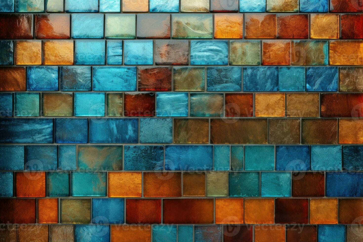 Colored glass mosaic in various squares in the light beige and emerald colors. AI generated photo