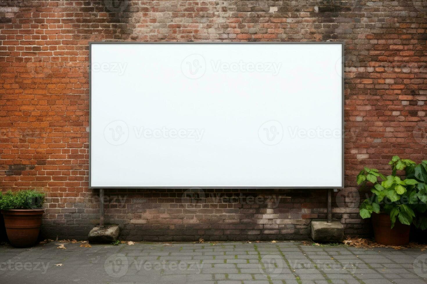 Blank billboard template in front of a wall made of bricks. Generative AI photo