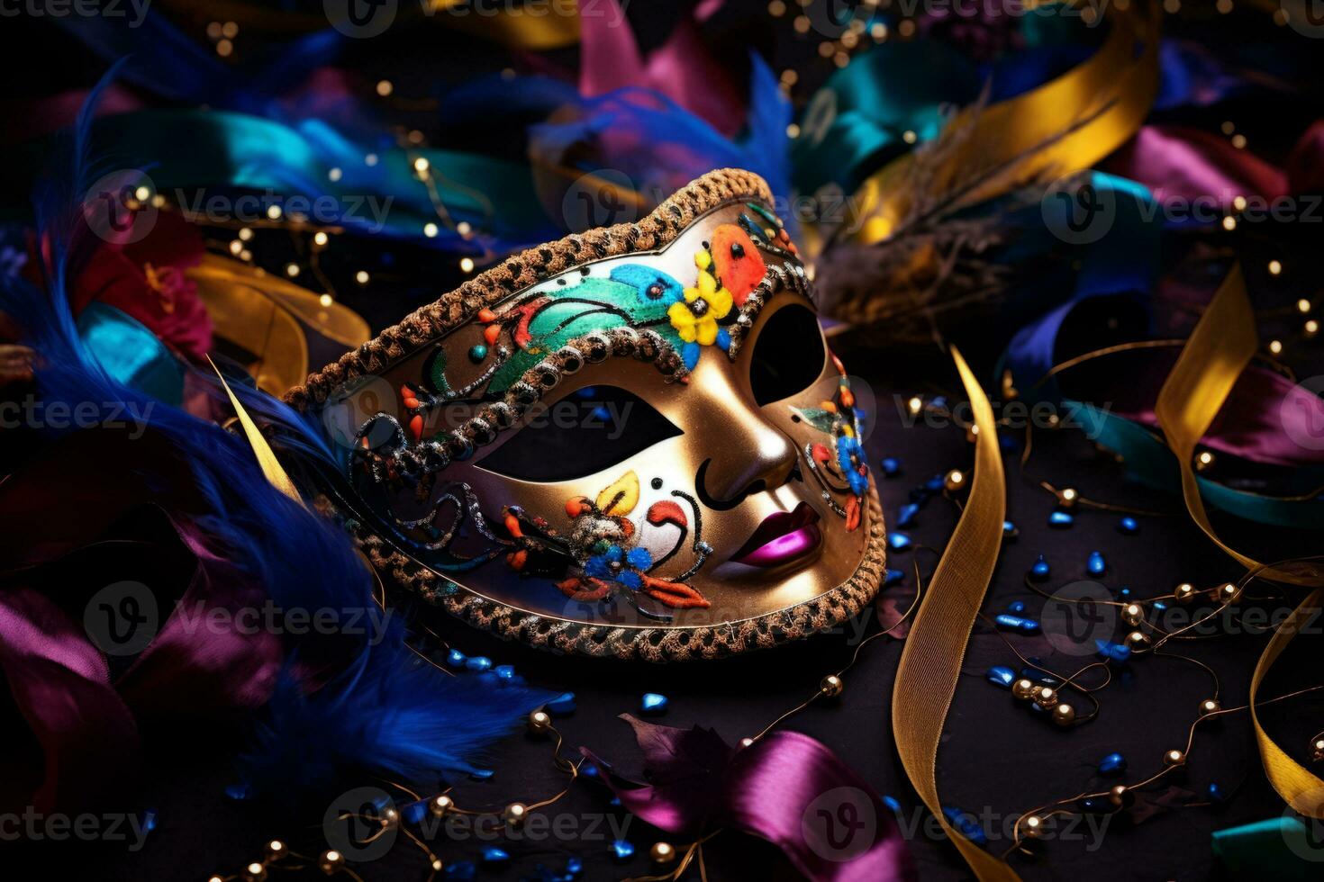 Carnival mask. Streamers and confetti on colorful background. Carnival masquerade fantasy costume ball. Generative AI photo