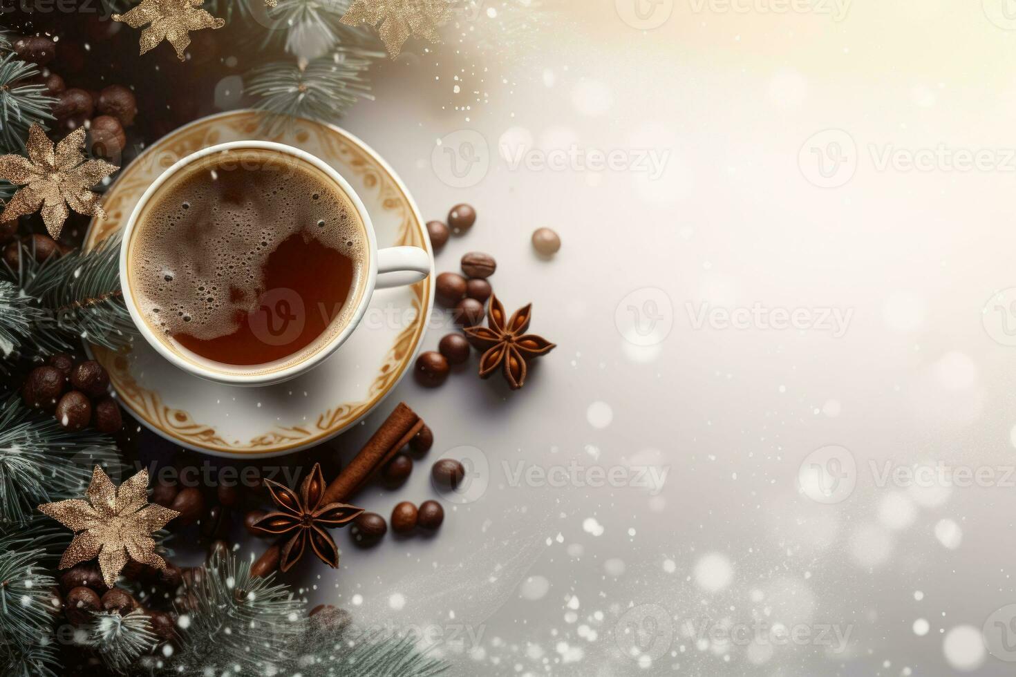 Christmas background with coffee cup, festive decorations, ice crystal snowflakes and fir branches. Generative AI photo