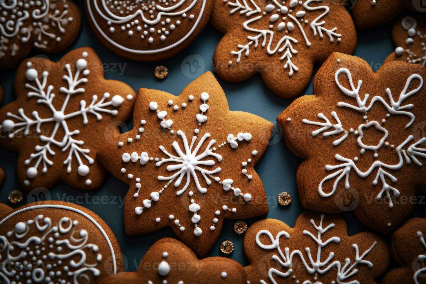 Gingerbread cookie pattern with icing details. Generative AI photo
