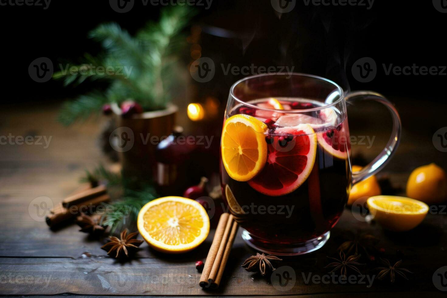 Mulled red wine with spices and citrus fruits. Traditional hot drink at Christmas time. Generative AI photo