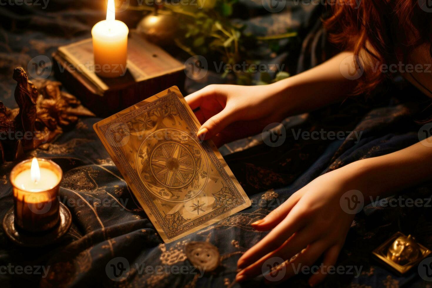 Woman's hand holding a tarot card. Fortune teller reading tarot cards. Generative AI photo