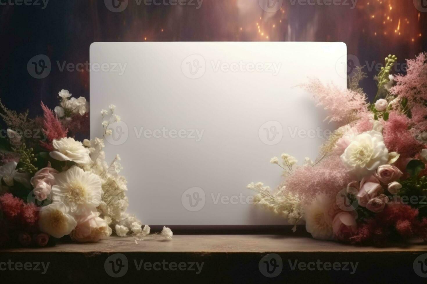 Blank white rectangle with festive flower decorations in soft pastel colors. Generative AI photo