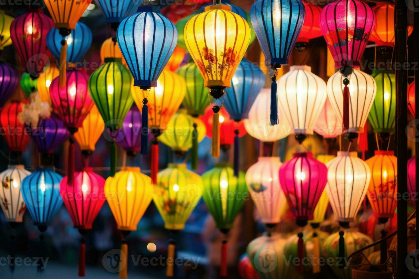 Many kind of lanterns hanging on street market. Colorful tradition lanterns in chinese style. Generative AI photo