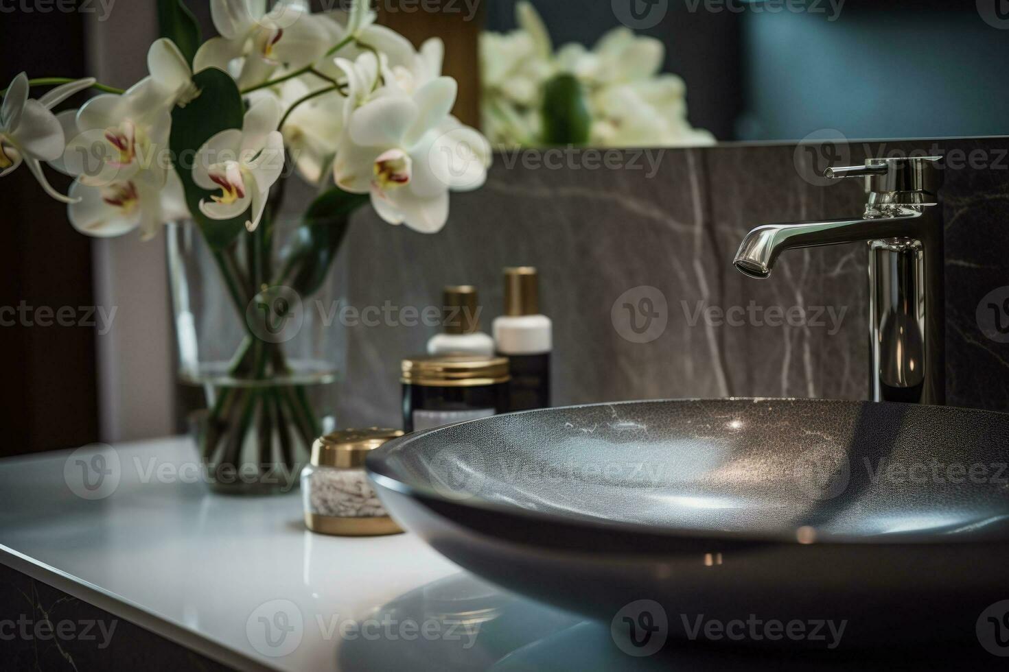 Bathroom in a modern luxury house. Bathroom counter with sink and beautiful flowers. AI generated photo