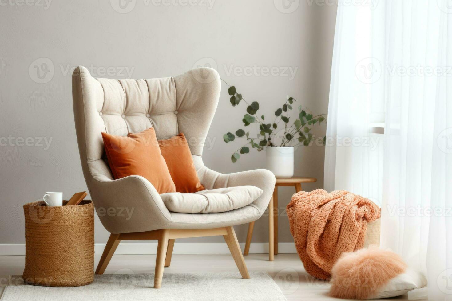 Cozy curved tufted wing armchair with pillows in boho style interior. Studio apartment with natural materials. AI generated photo