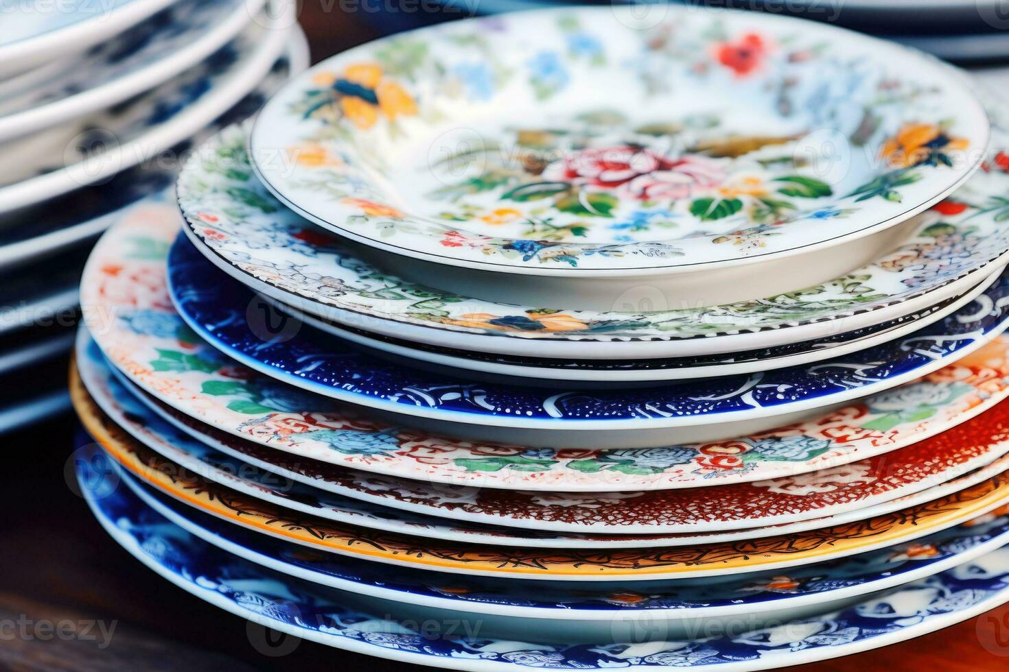 A stack of vintage folk floral patterned porcelain plates. Generative AI photo