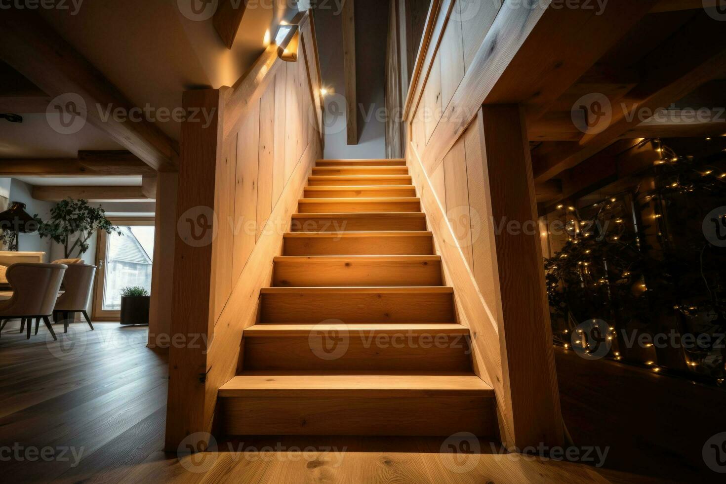 Wooden staircase to first floor inside contemporary house. Generative AI photo