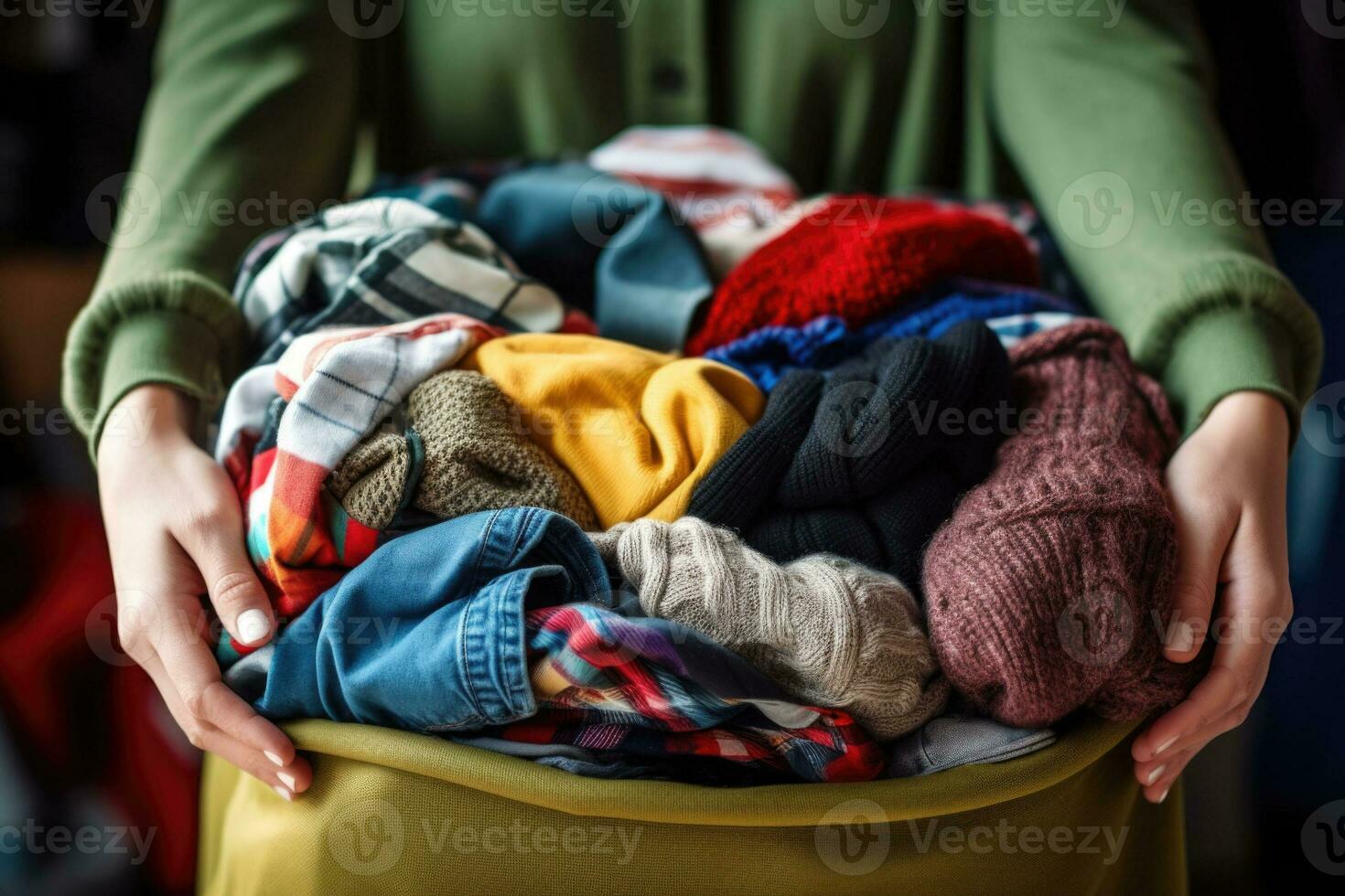 Volunteer holds a clothes donation box filled with clothing and household items. Generative AI photo