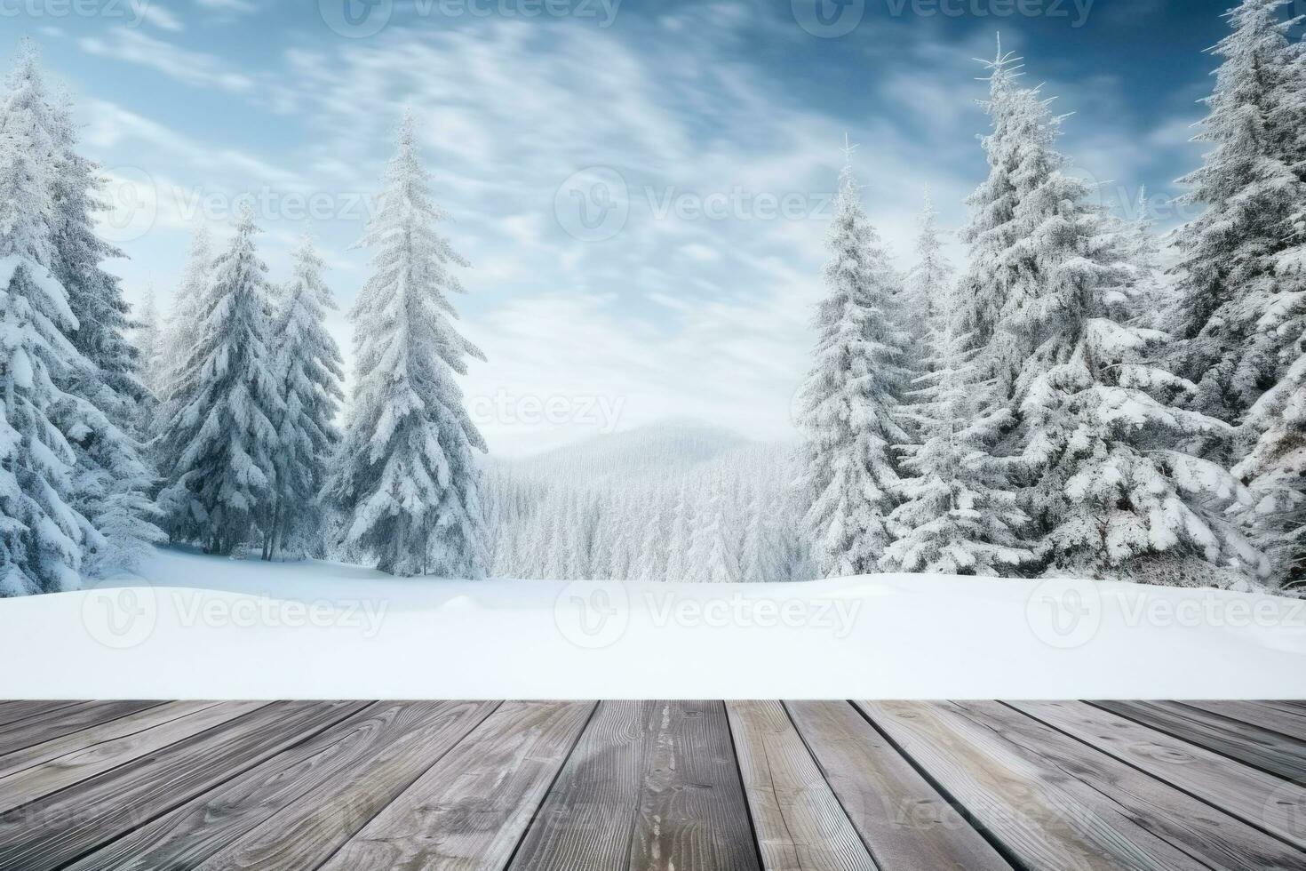 Winter scenic landscape. Wooden flooring strewn with snow in forest blurred background. Generative AI photo