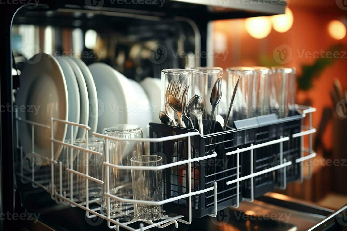 Open dishwasher with clean glass, cups, plates and dishes. Generative AI photo