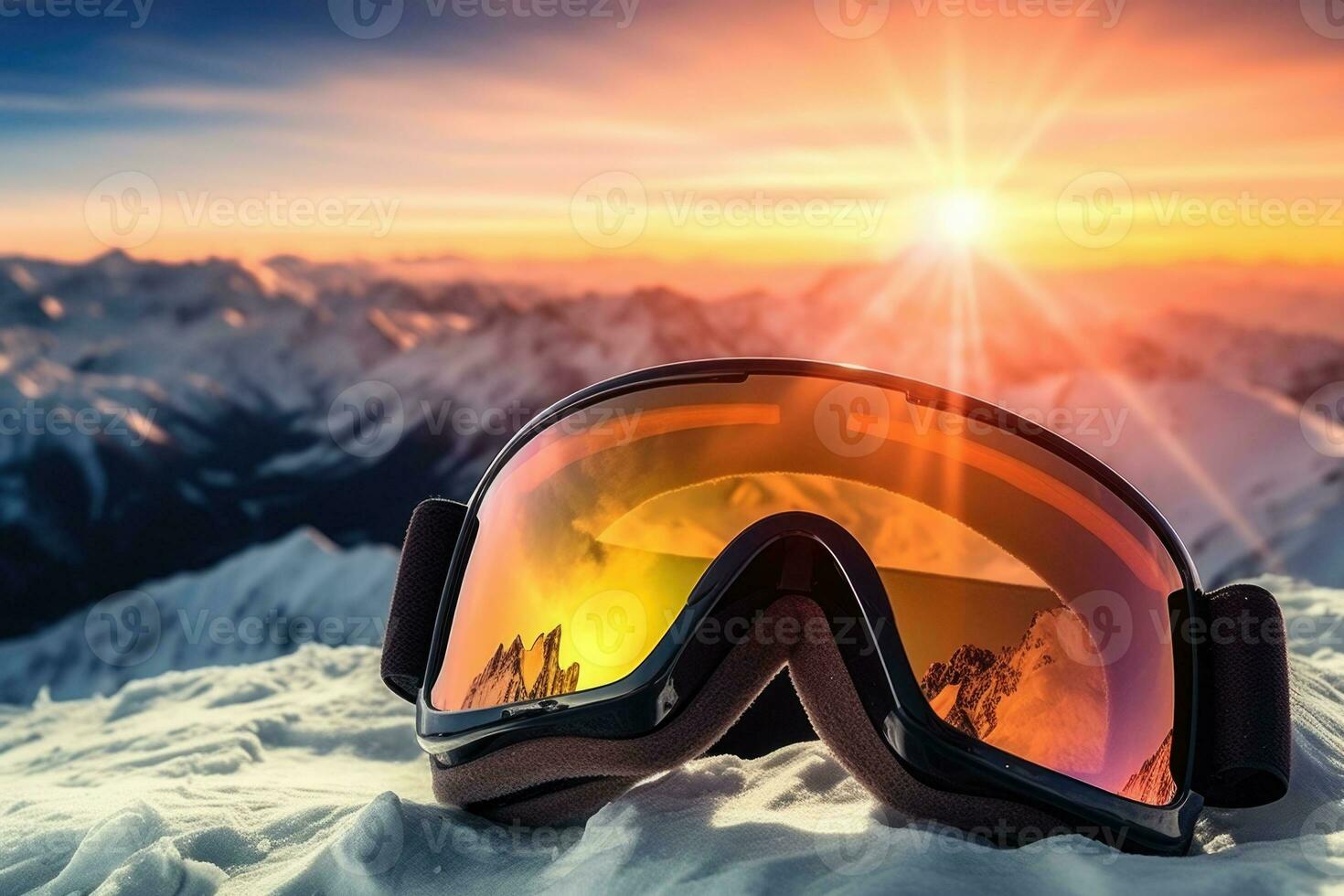 Snow glasses with rays of the setting sun. Winter sports equipment. Generative AI photo