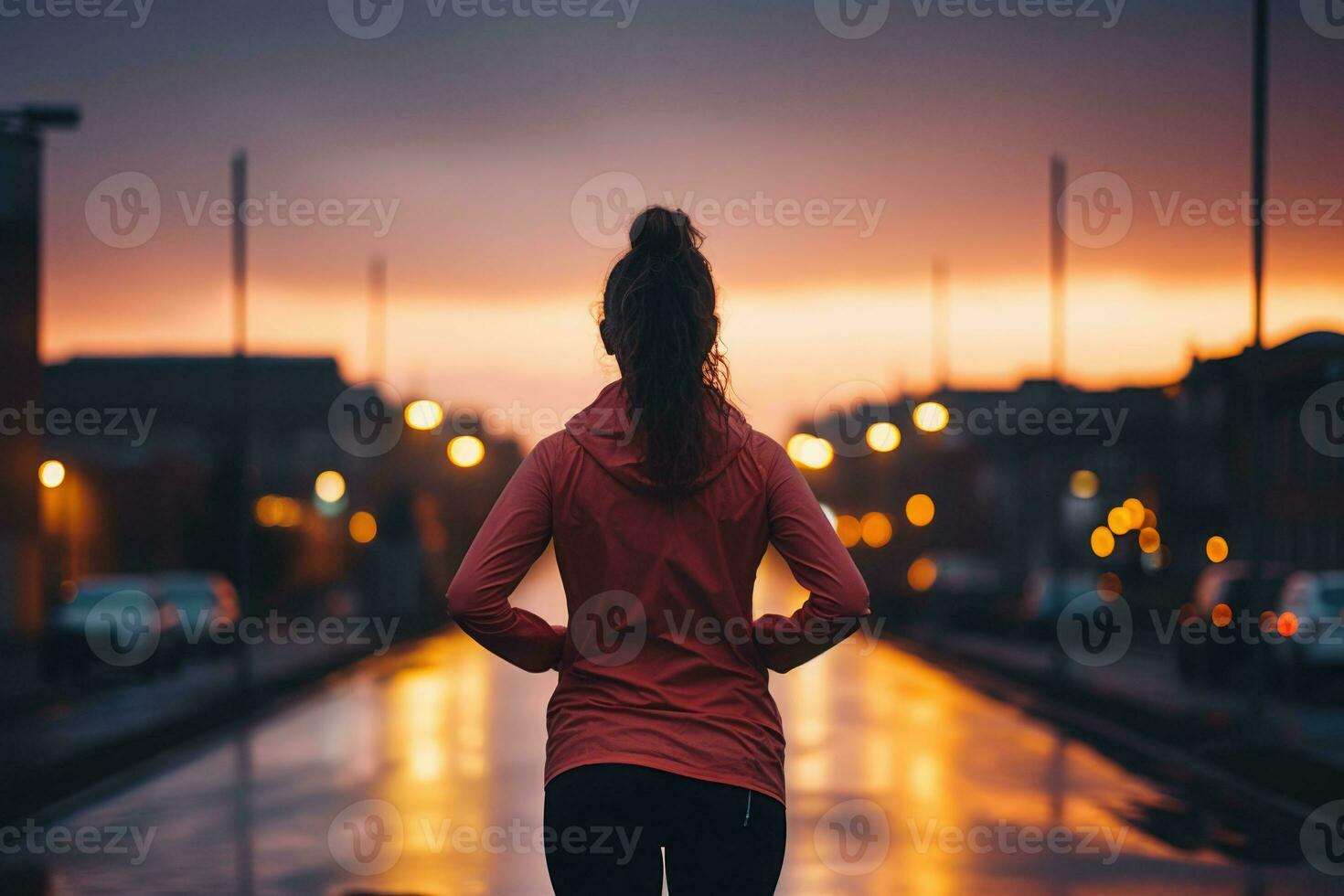 Woman running at dusk. Athlete woman on cold run jogging fast. Generative AI photo