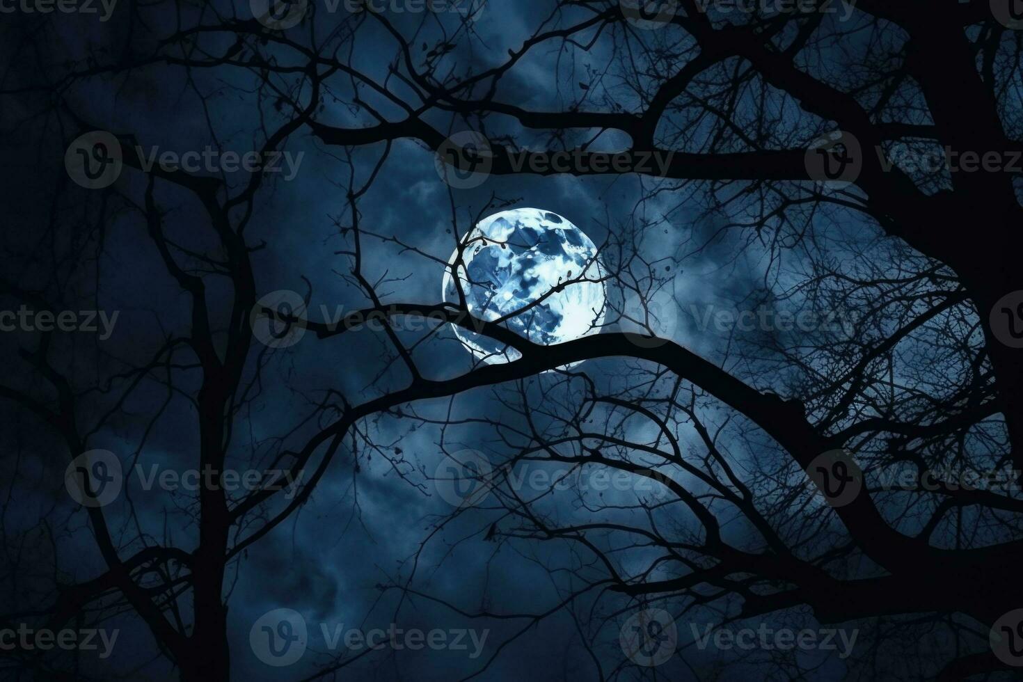 Night dark sky with full moon and branches. Tree branches in the moonlight on a dark background. Generative AI photo