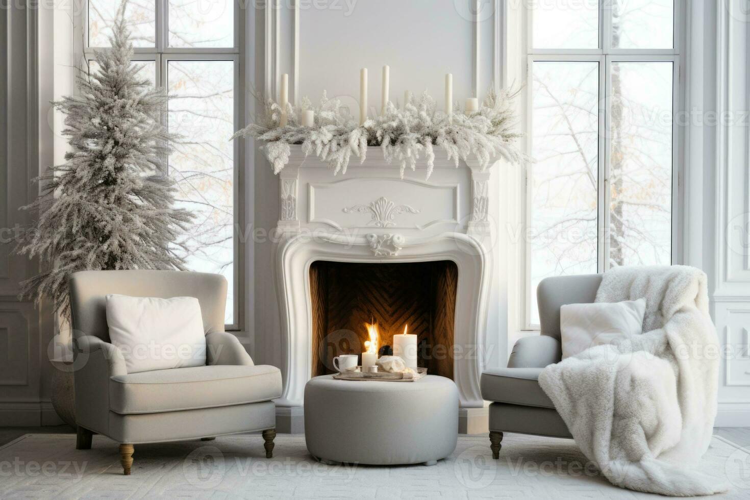 Winter cozy living room interior with fireplace and armchairs. Generative AI photo