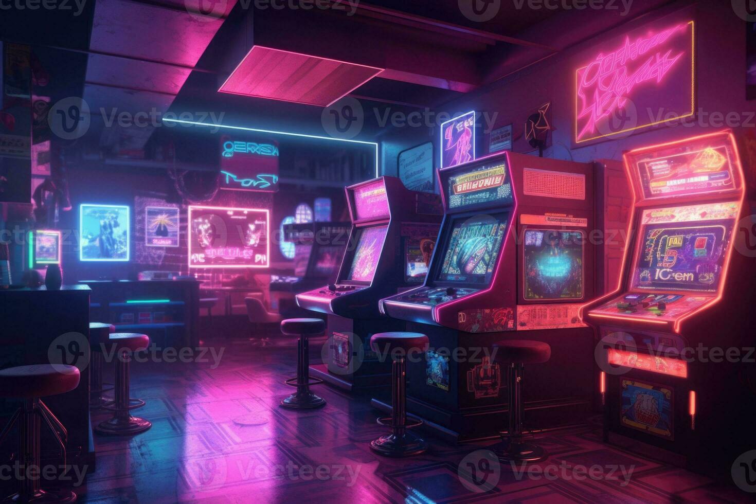 Gaming room. Neon illuminated room with computers. Generative AI ...