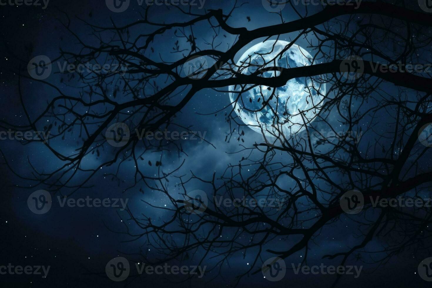 Night dark sky with full moon and branches. Tree branches in the moonlight on a dark background. Generative AI photo