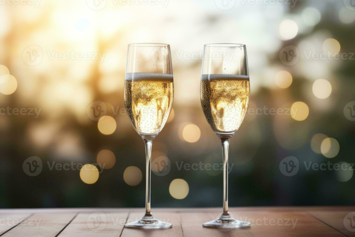 Two champagne glasses on light background. Generative AI photo