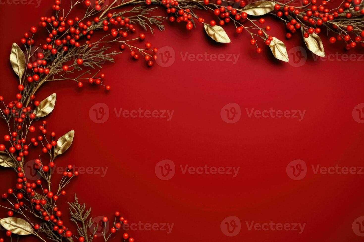 Christmas fir branches, decor and garlands on red background. Generative AI photo