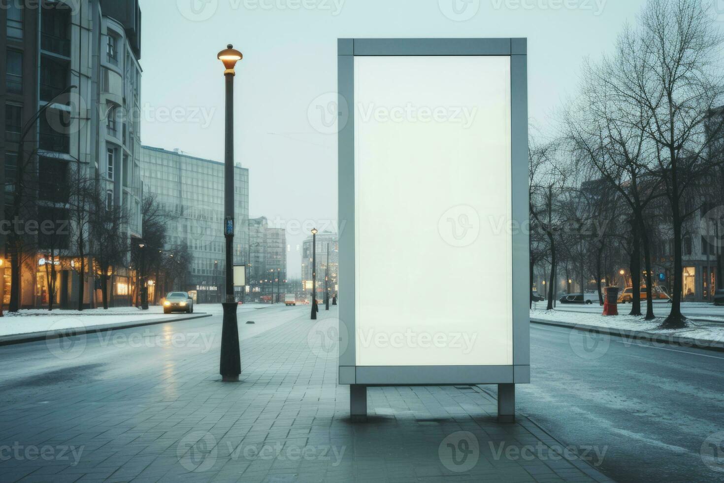 Vertical blank white billboard at bus stop on city street. Generative AI photo