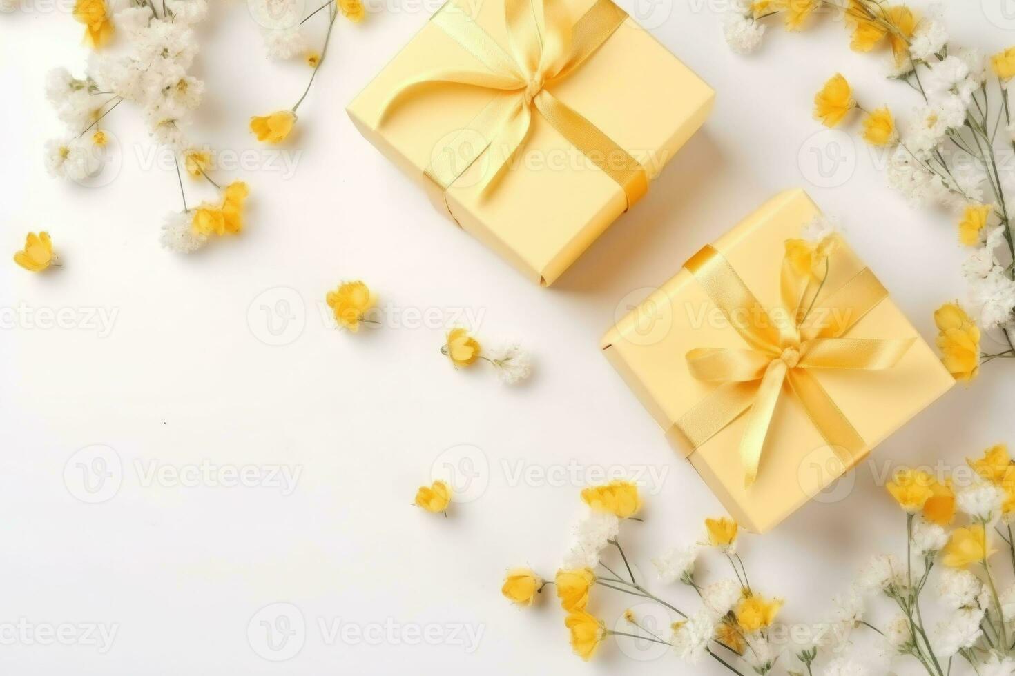 Yellow gifts boxes on white background with flowers and branches. Generative AI photo