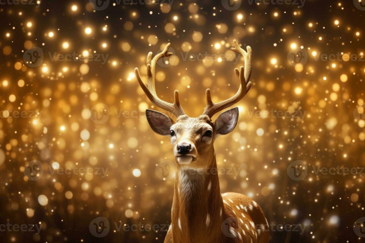 Christmas deer on bokeh lights background. Generative AI photo