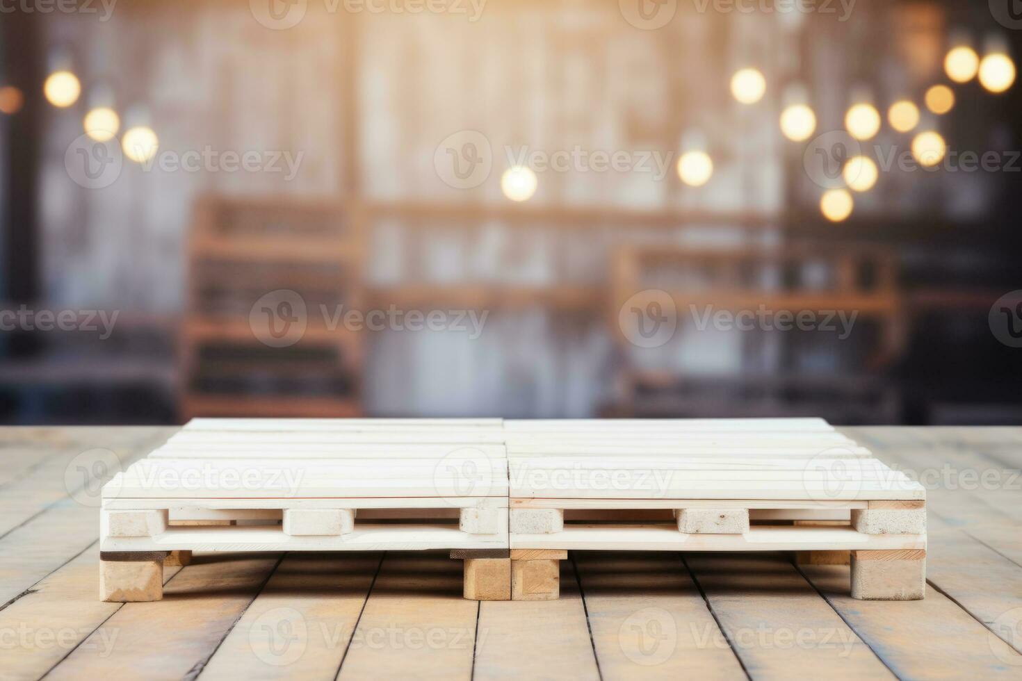 Empty wooden pallet on blurred warehouse background. Generative AI photo