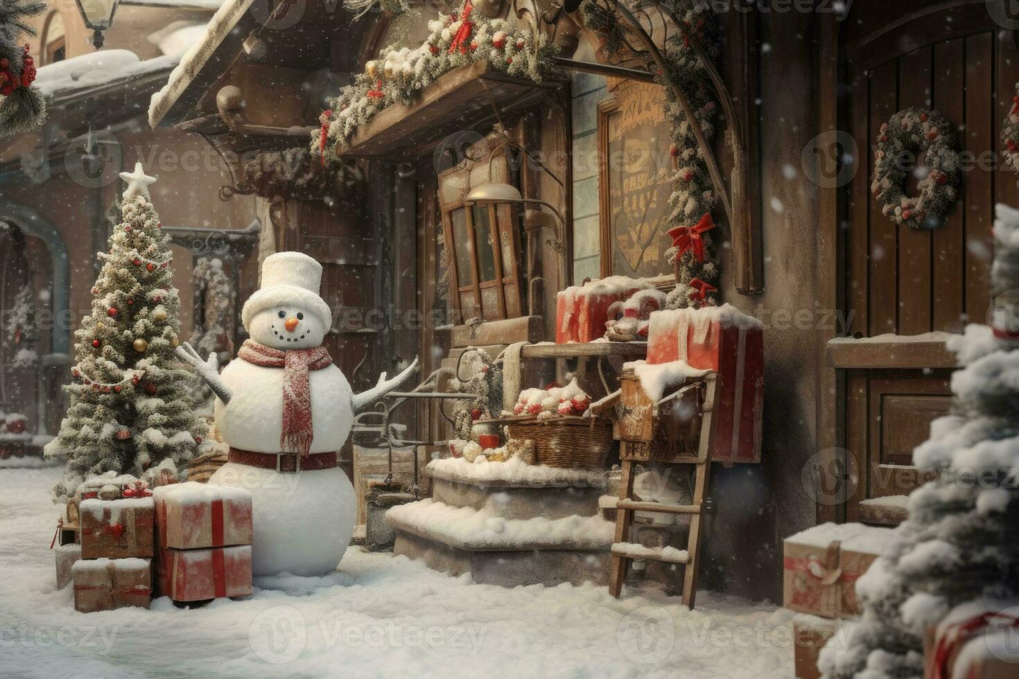 A snow man outside the house and lots of gift boxes are spread around it. Generative AI photo