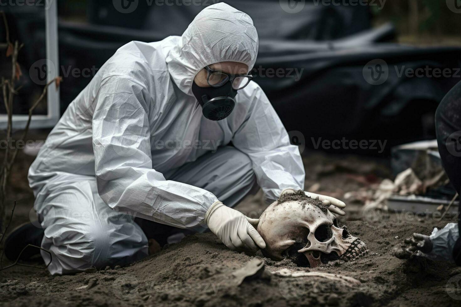 Criminologist in white protective gloves wears face masks works with dead body at crime. AI generated photo