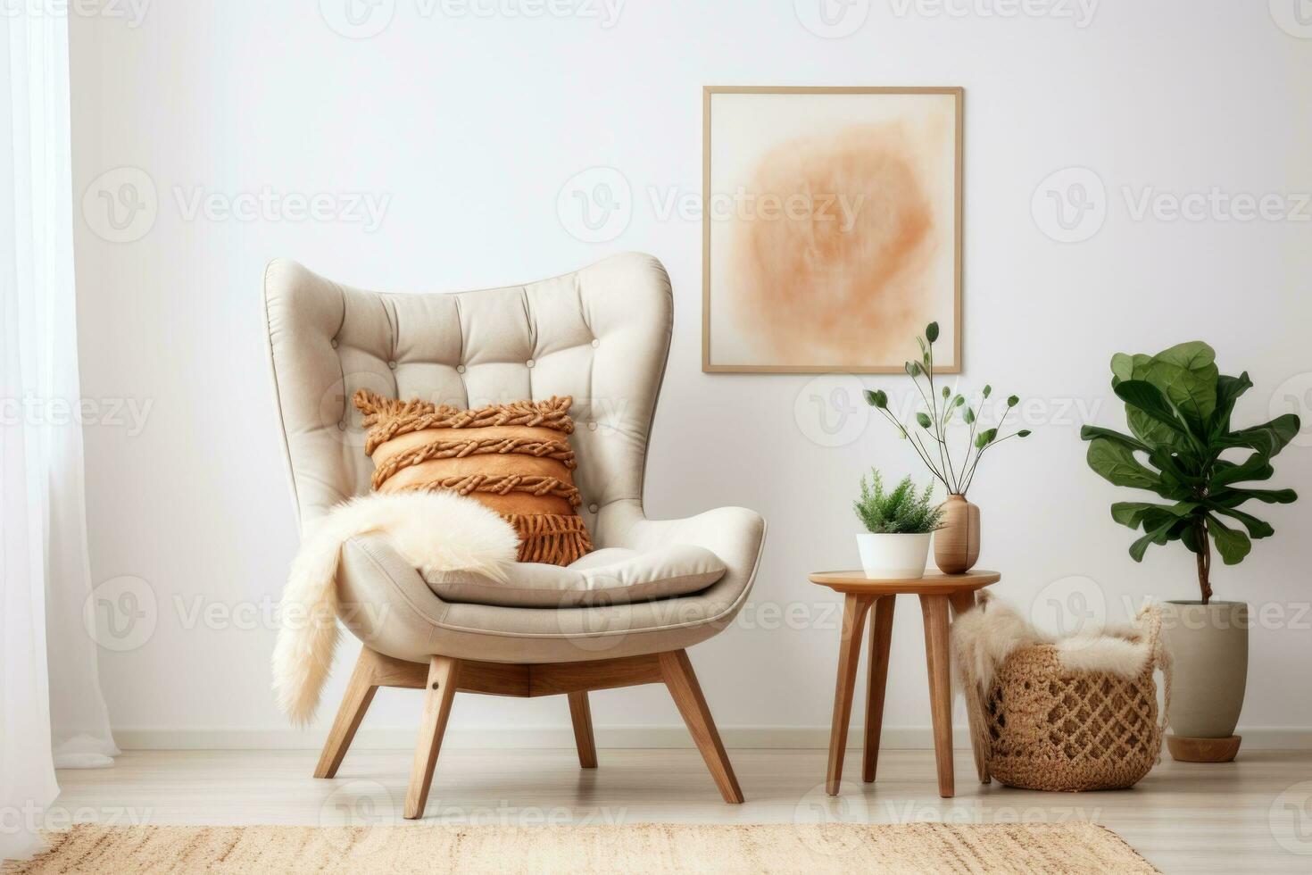 Cozy curved tufted wing armchair with pillows in boho style interior. Studio apartment with natural materials. AI generated photo