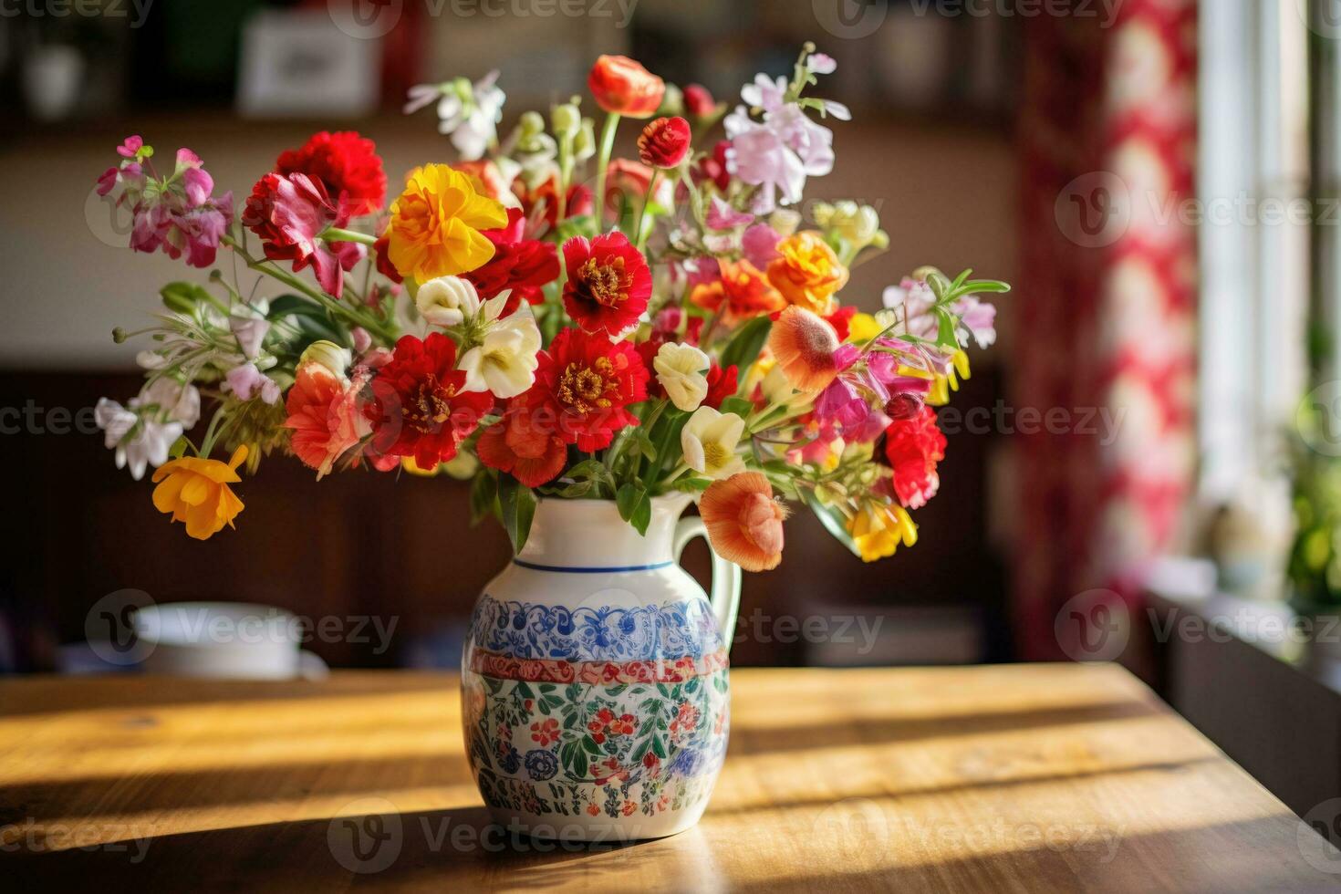 Freshly picked wildflowers in a vase with folk pattern on a kitchen table. Generative AI photo