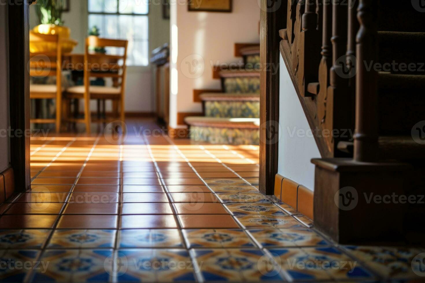 Colorful patterned tiles. Tile work of a classic style home. Generative AI photo