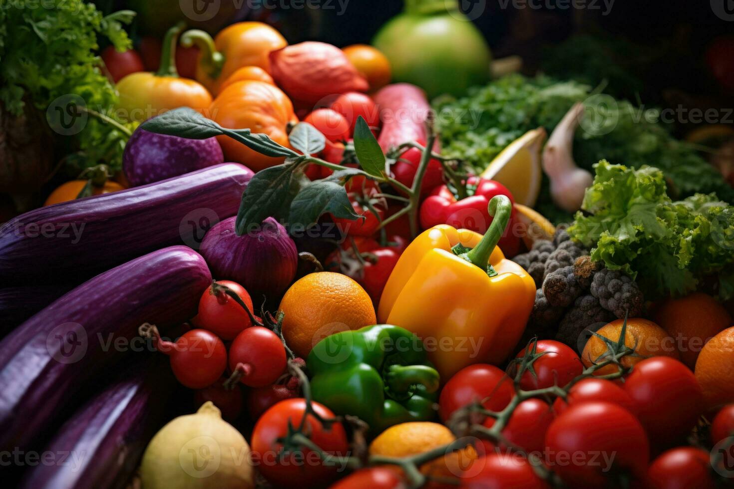 un mercado con vistoso Fresco frutas y vegetales apilado alto. generativo ai foto