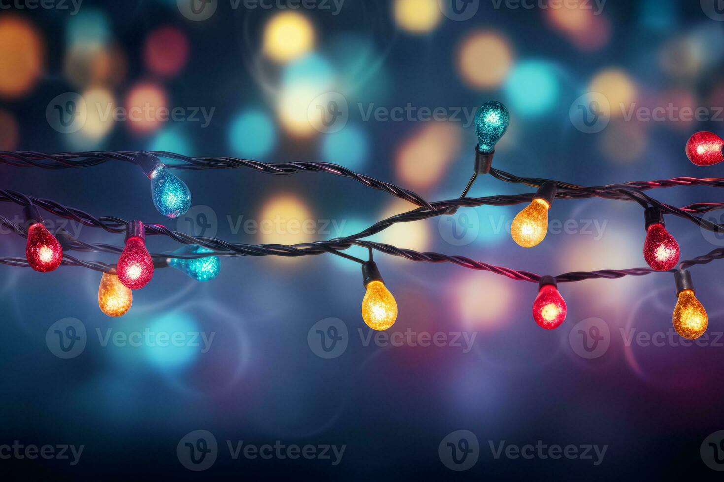 Glowing colorful Christmas lights border. Generative AI photo