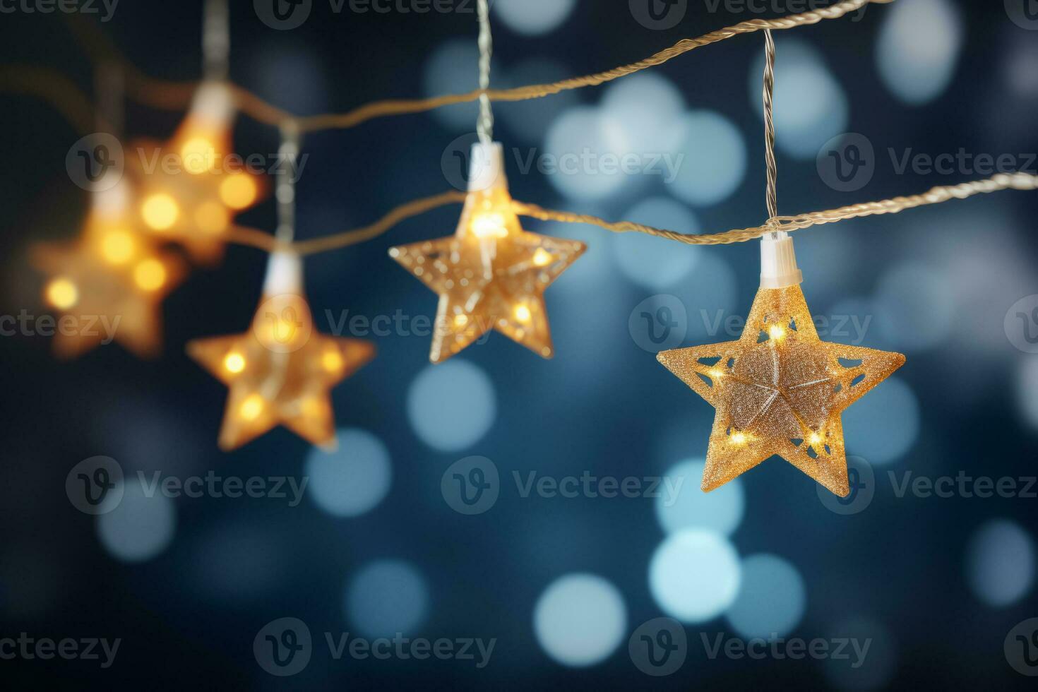 Christmas golden stars lights string hanging on blue bokeh background. Generative AI photo