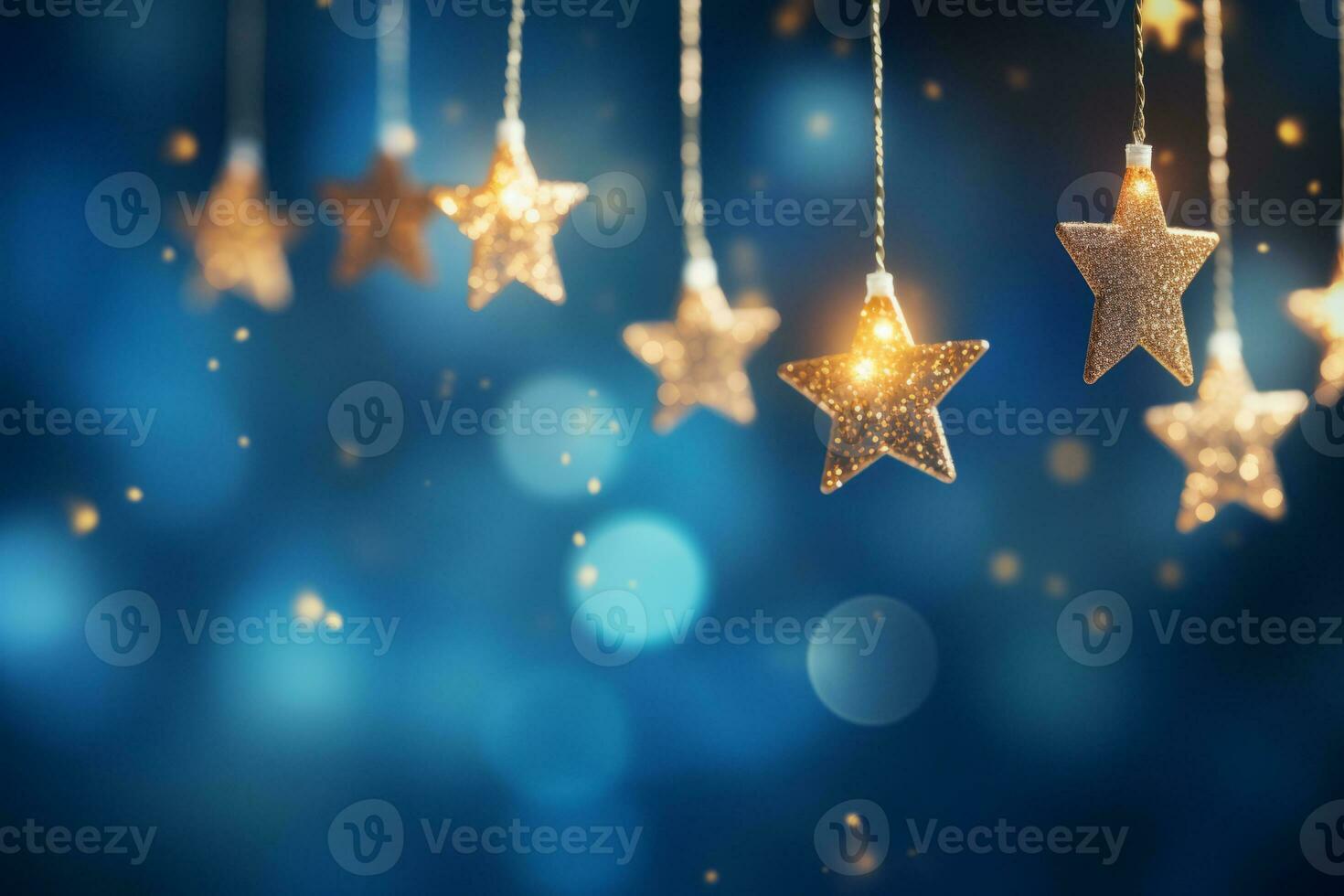 Christmas golden stars lights string hanging on blue bokeh background. Generative AI photo